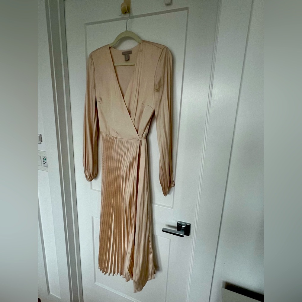 Satin pleated wrap midi dress